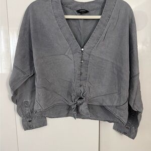 Express Washed Gray Tie-Front Button Blouse
